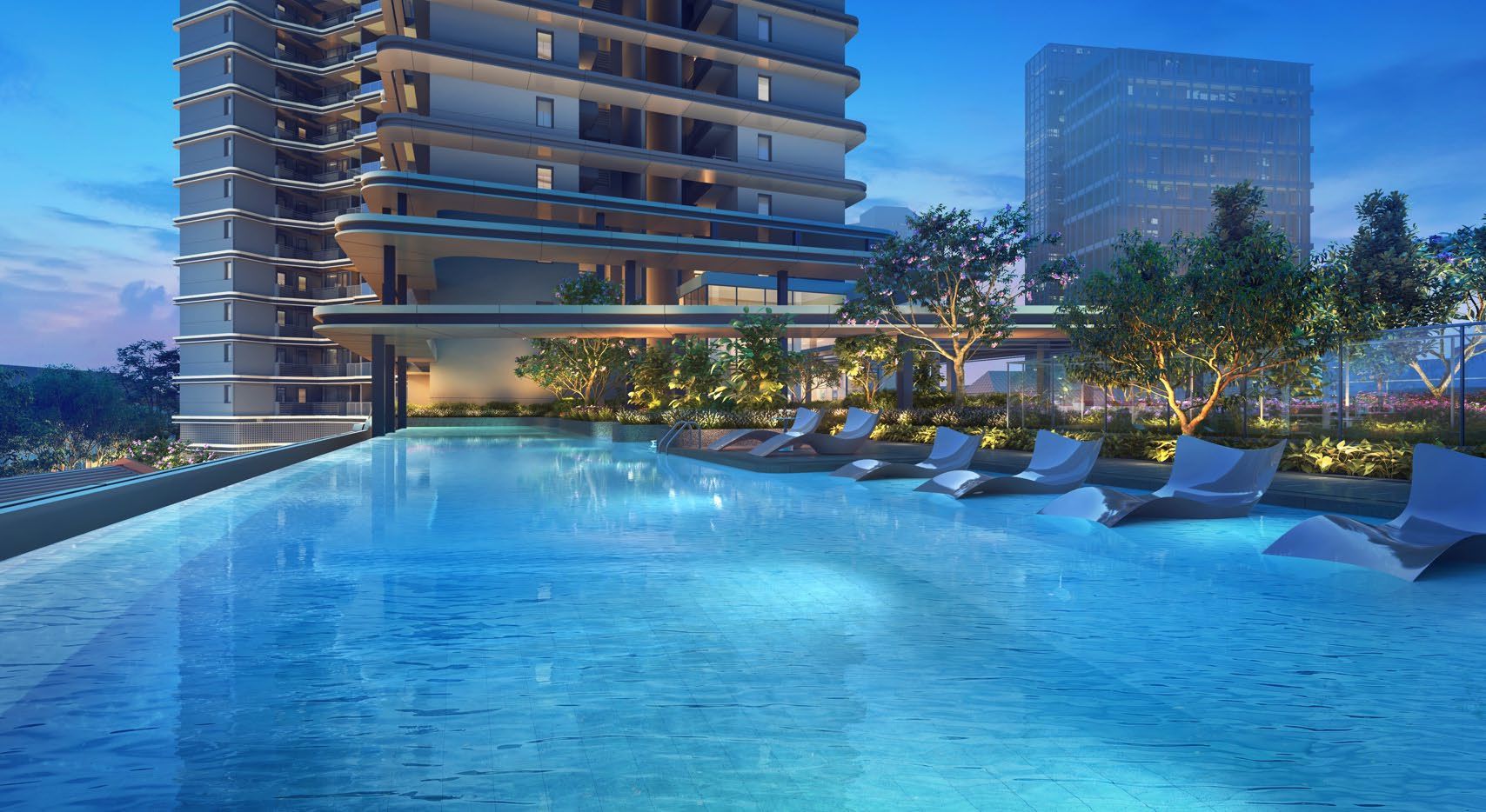 An evening view for Union Square Residences infinity pool 